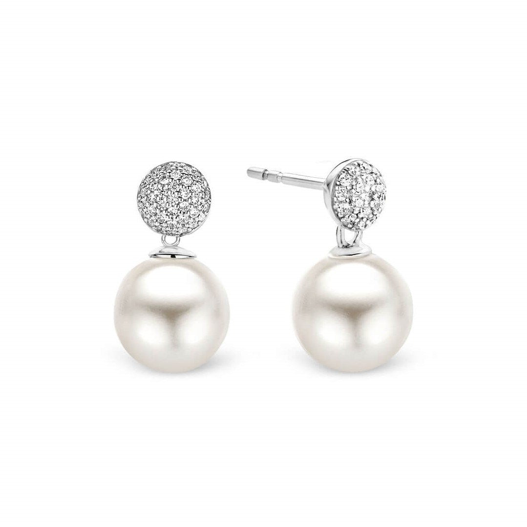 Hanging Pearl & CZ Spheres Silver Earrings