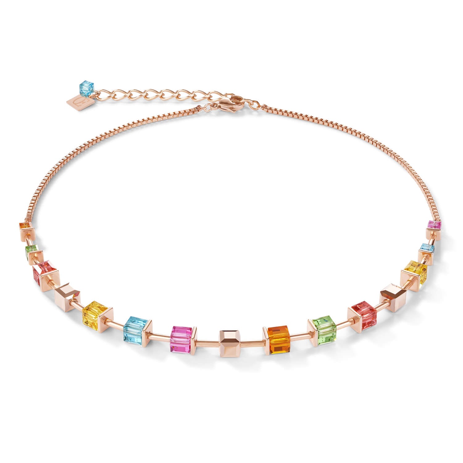 Swarovski Crystals & Multicolour Geo Cube Rose Gold Plated Necklace