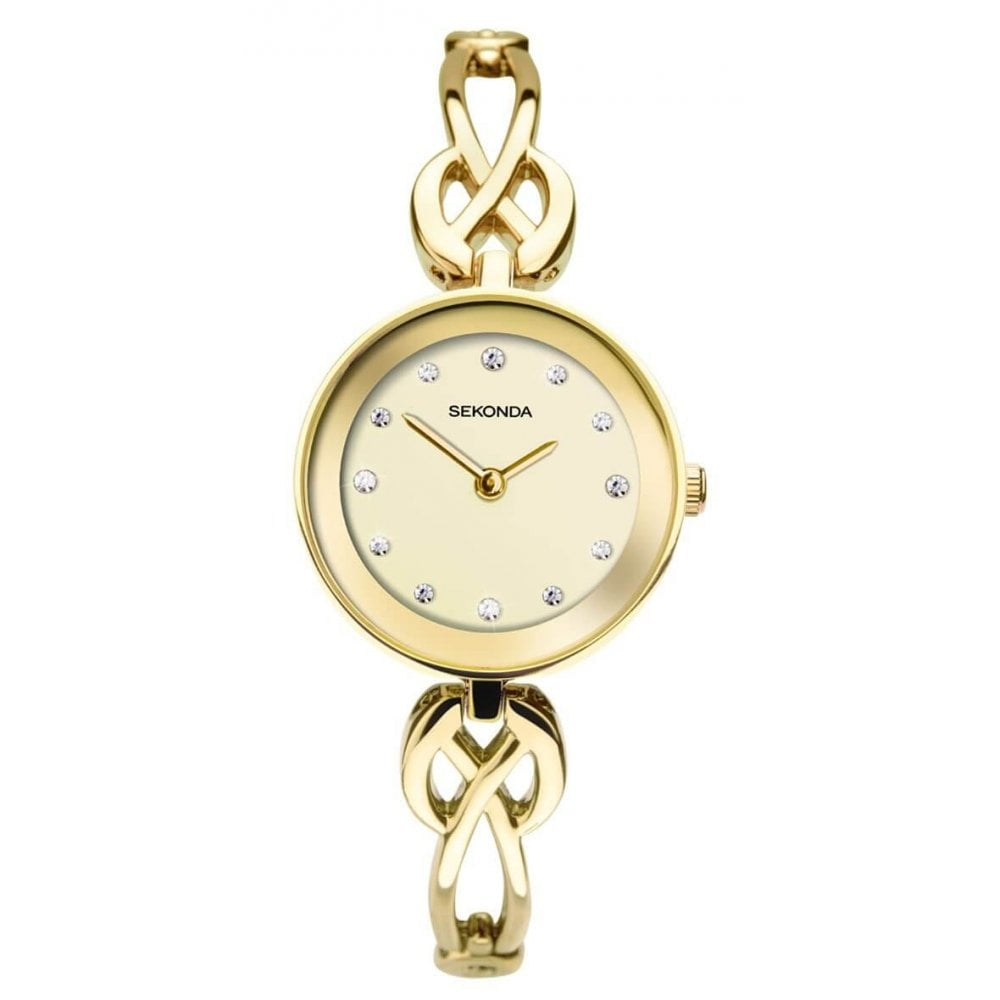 Gold Plated Case With Champagne Dial & Gold Plated Semi Bangle Bracelet Strap Ladies Watch