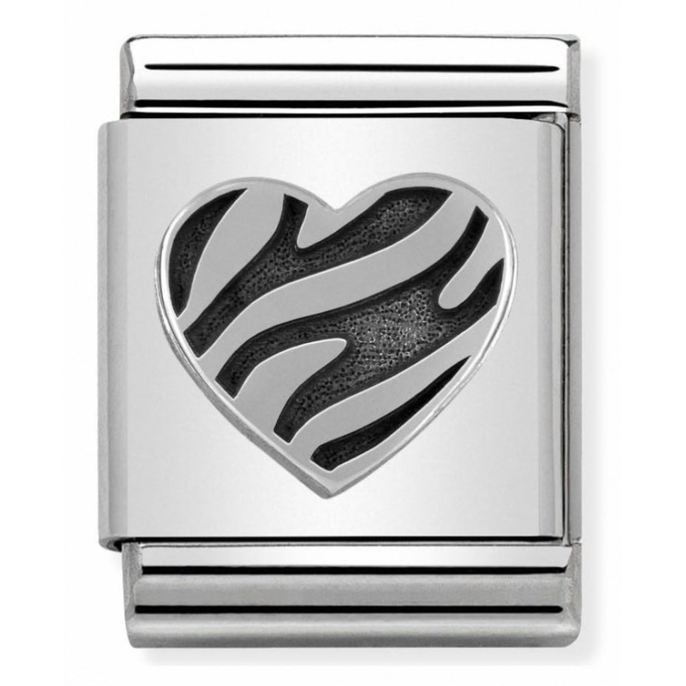 Composable Big Oxidized Stainless Steel And Sterling Silver Striped Heart Charm