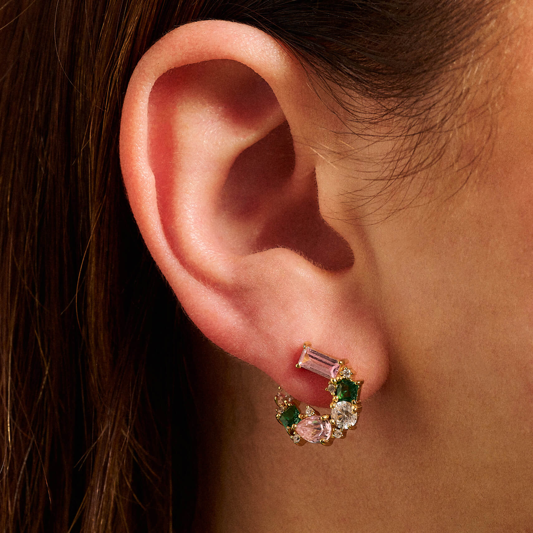 Lottie Cluster Sideways Hoop In Flamingo CZ & Gold