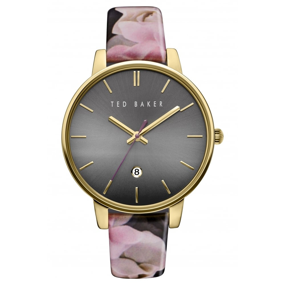 Pink Rose Floral Print Leather Black Face Gold Plated Watch