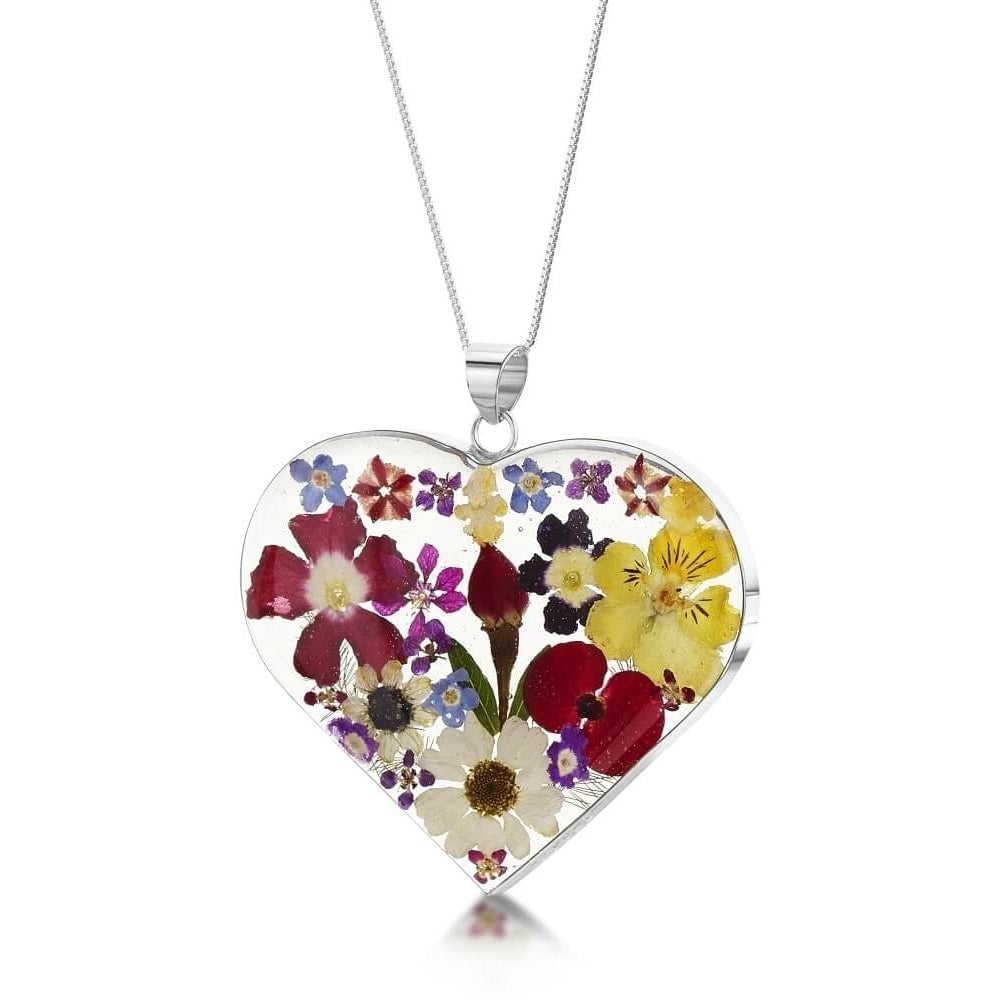 Silver Pendant - Mixed Flower - Large Heart