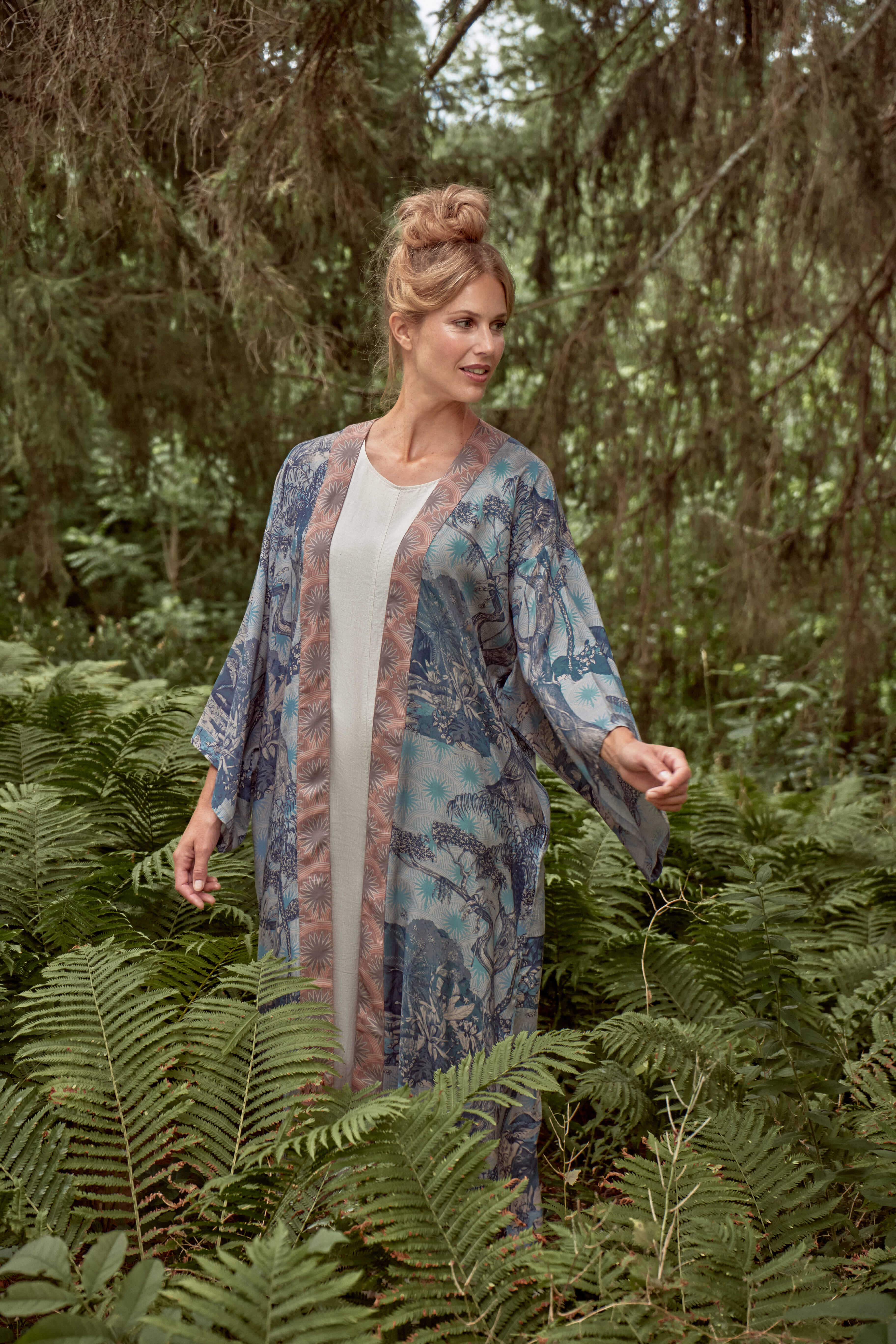 Tropical Toile Kimono Gown - Denim & Petal