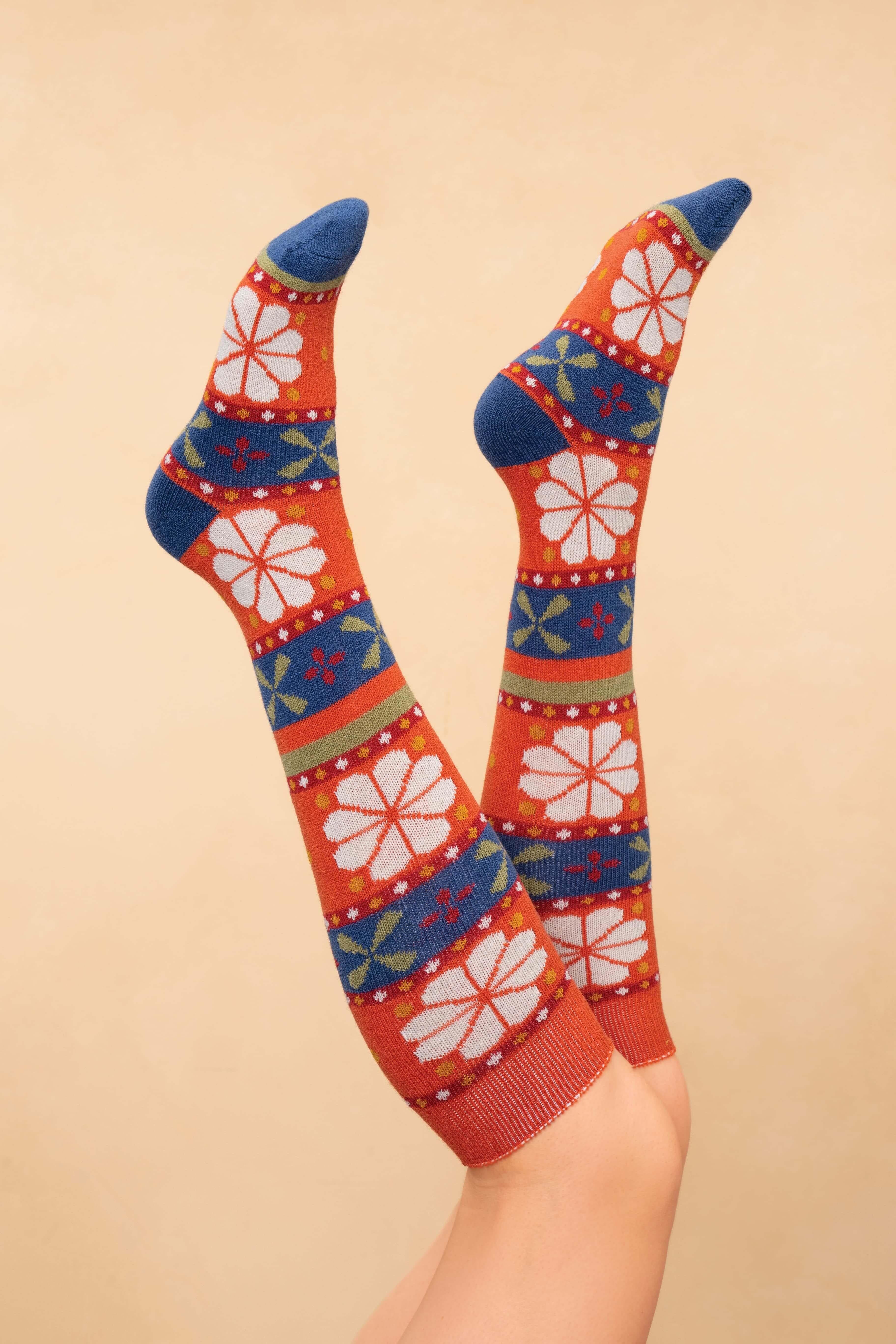 Knee High Socks - Fair isle Tangerine