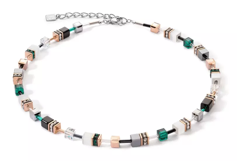 GeoCUBE Iconic Rose Gold, White & Dark Green Necklace