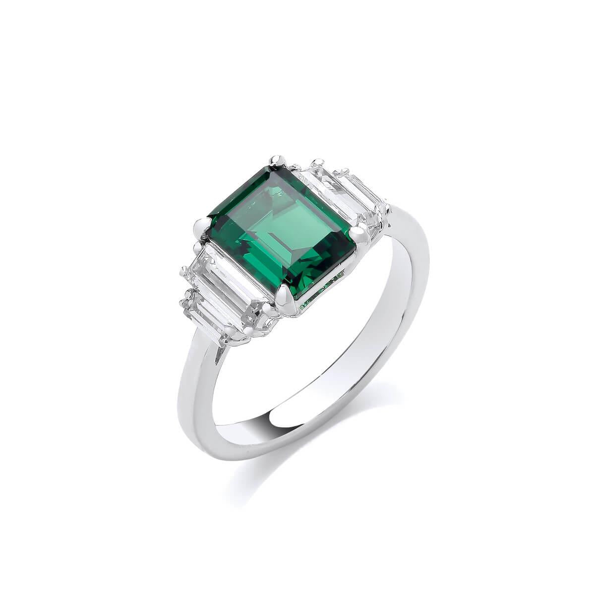Silver & Emerald Cubic Zirconia Deco Style Cocktail Ring- 7/N