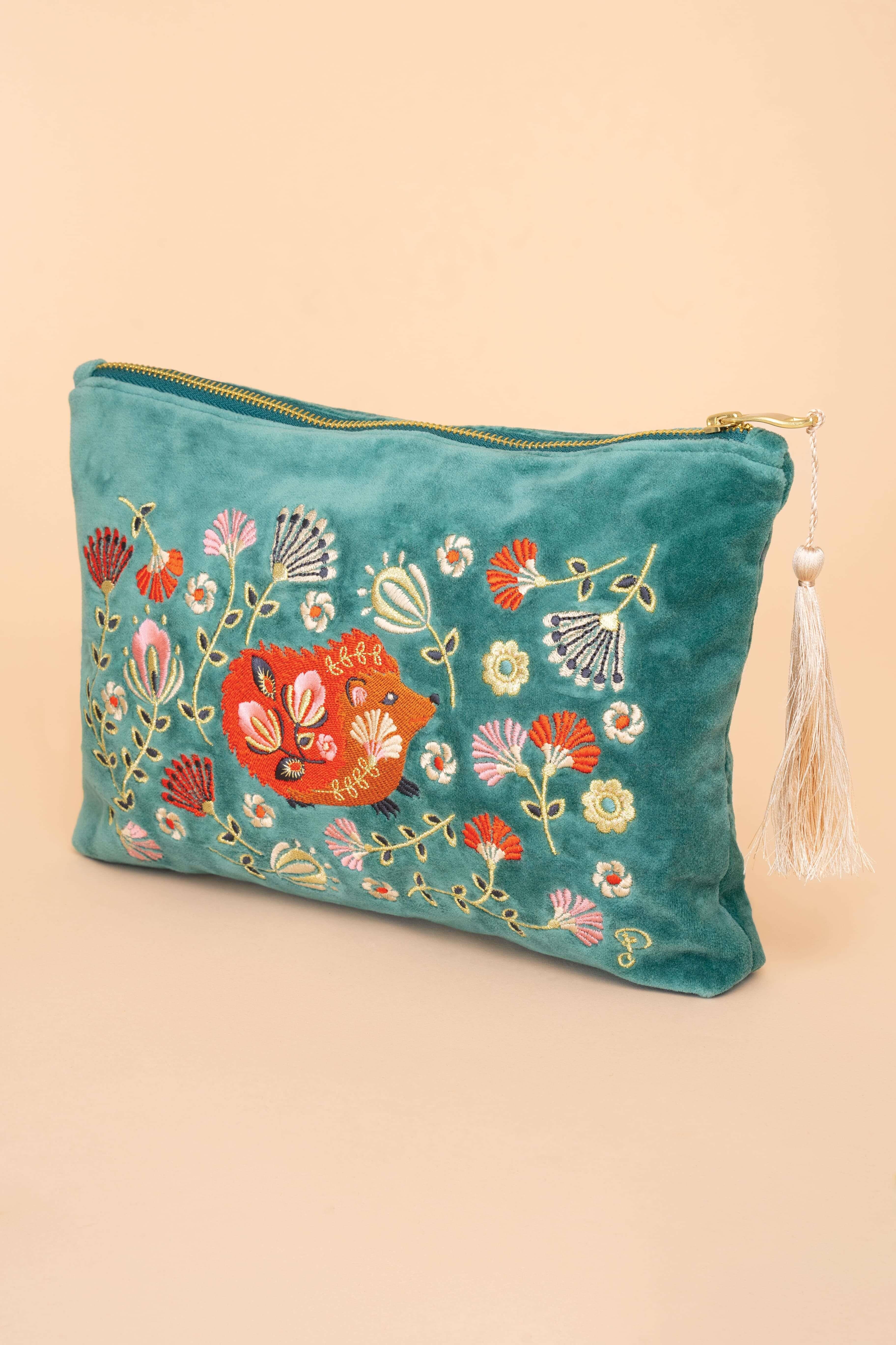 Folk Art Hedgehog Velvet Zip Pouch - Aqua