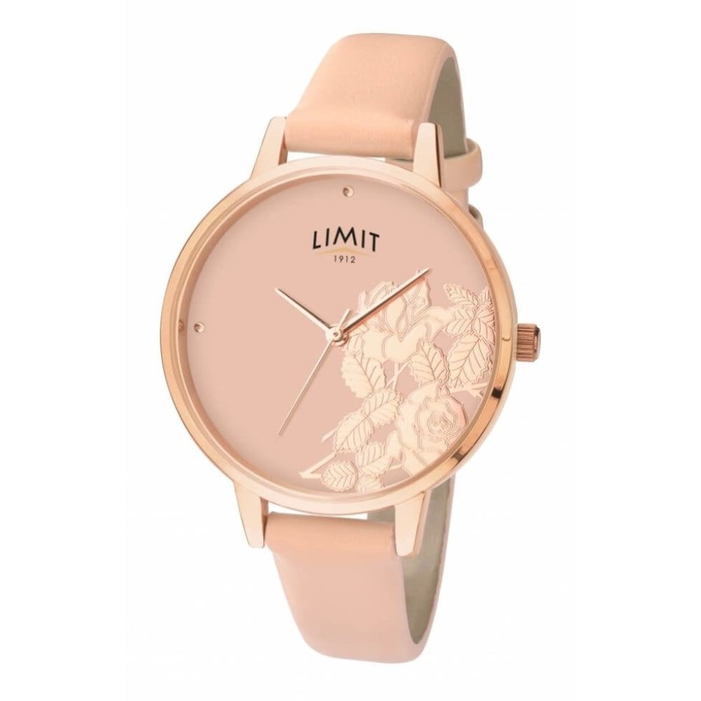 Rose Gold Tone Case With 3D Flower Print Pink Dial & Pink PU Strap Ladies Watch