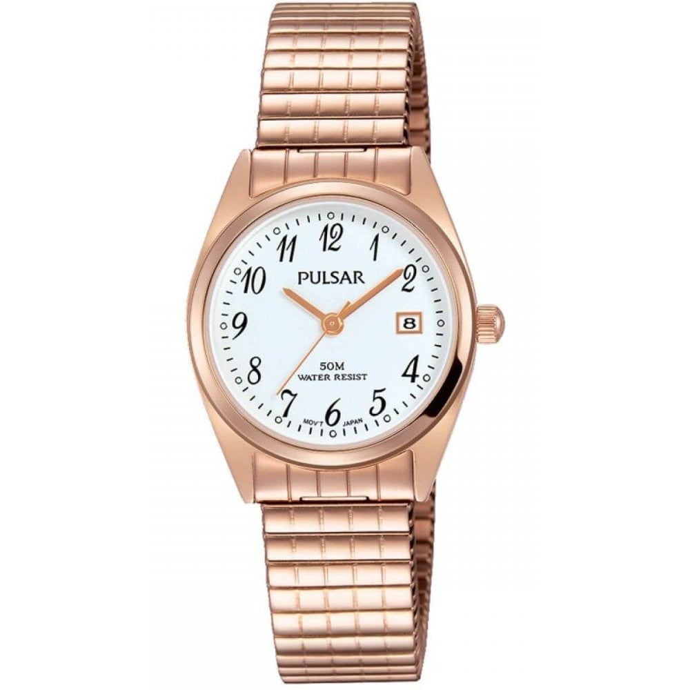 Rose Gold Plated Expandable Bracelet Strap & Case With White Date Display Dial Ladies Watch