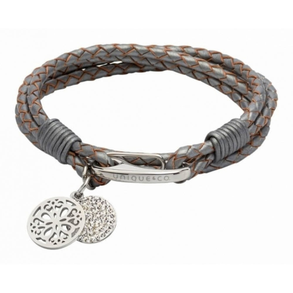 Silver Grey Leather Bracelet with Steel Clasp, Flower & Crystal Disc