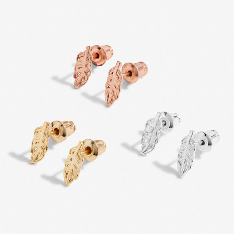 Florence Feathers | Feather Studs | Silver Rose Gold And Gold | Set Of 3 Earrings