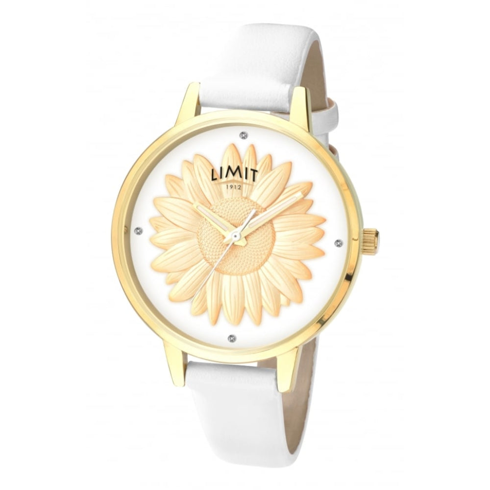 Gold Tone Case With 3D Sunflower Print White Dial & White PU Strap Ladies Watch