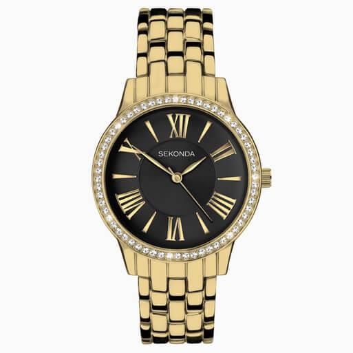 Charlotte Black Dial With Gold Plated Case & Bracelet Strap Ladies Watch
