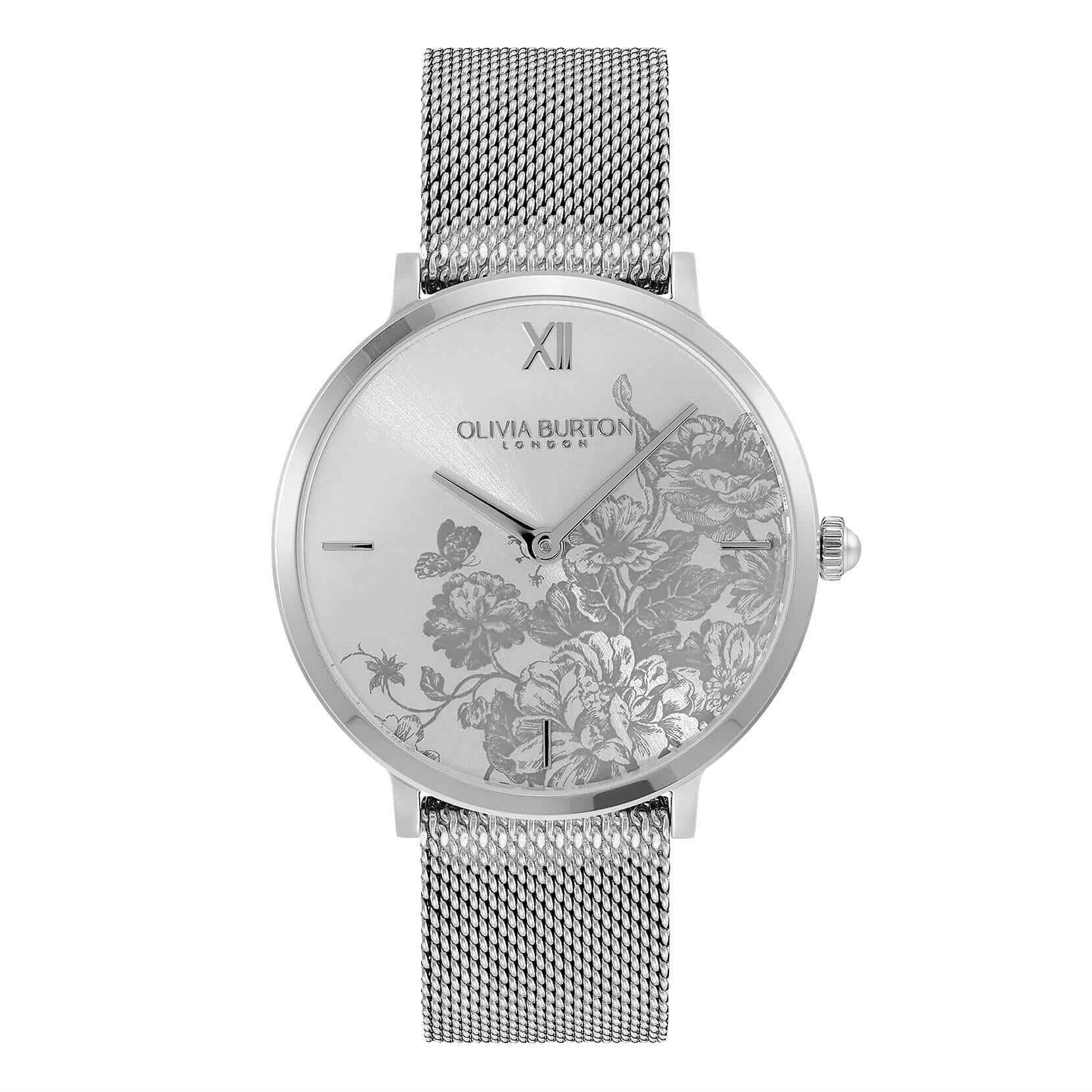 Floral Blooms Ultra Slim Silver Mesh Watch
