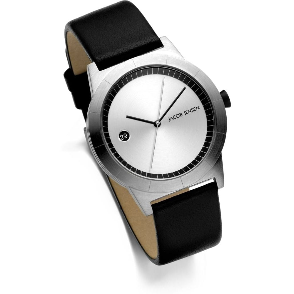 Stainless Steel Silver Dial & Black Leather Strap Ladies Watch