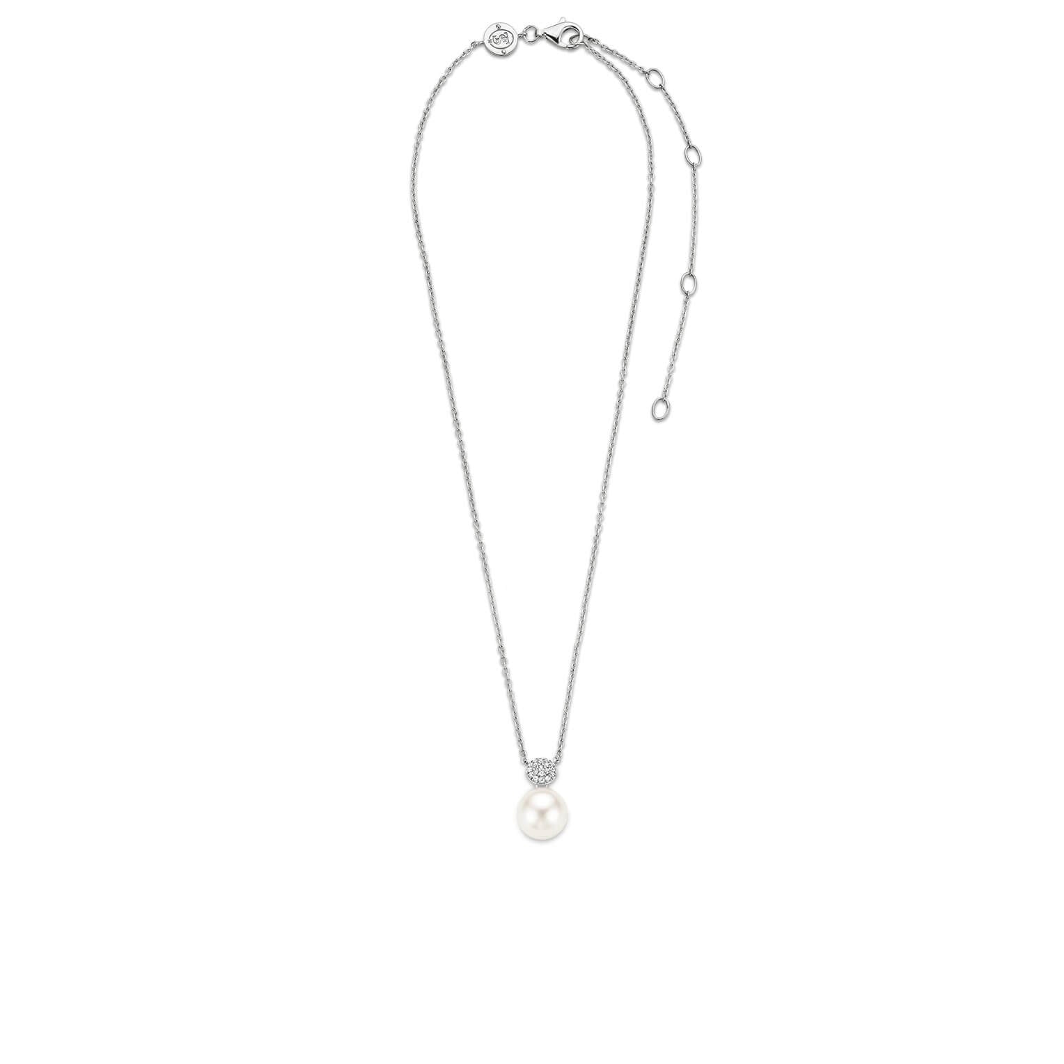 White Pearl With CZ Disc Pendant Necklace
