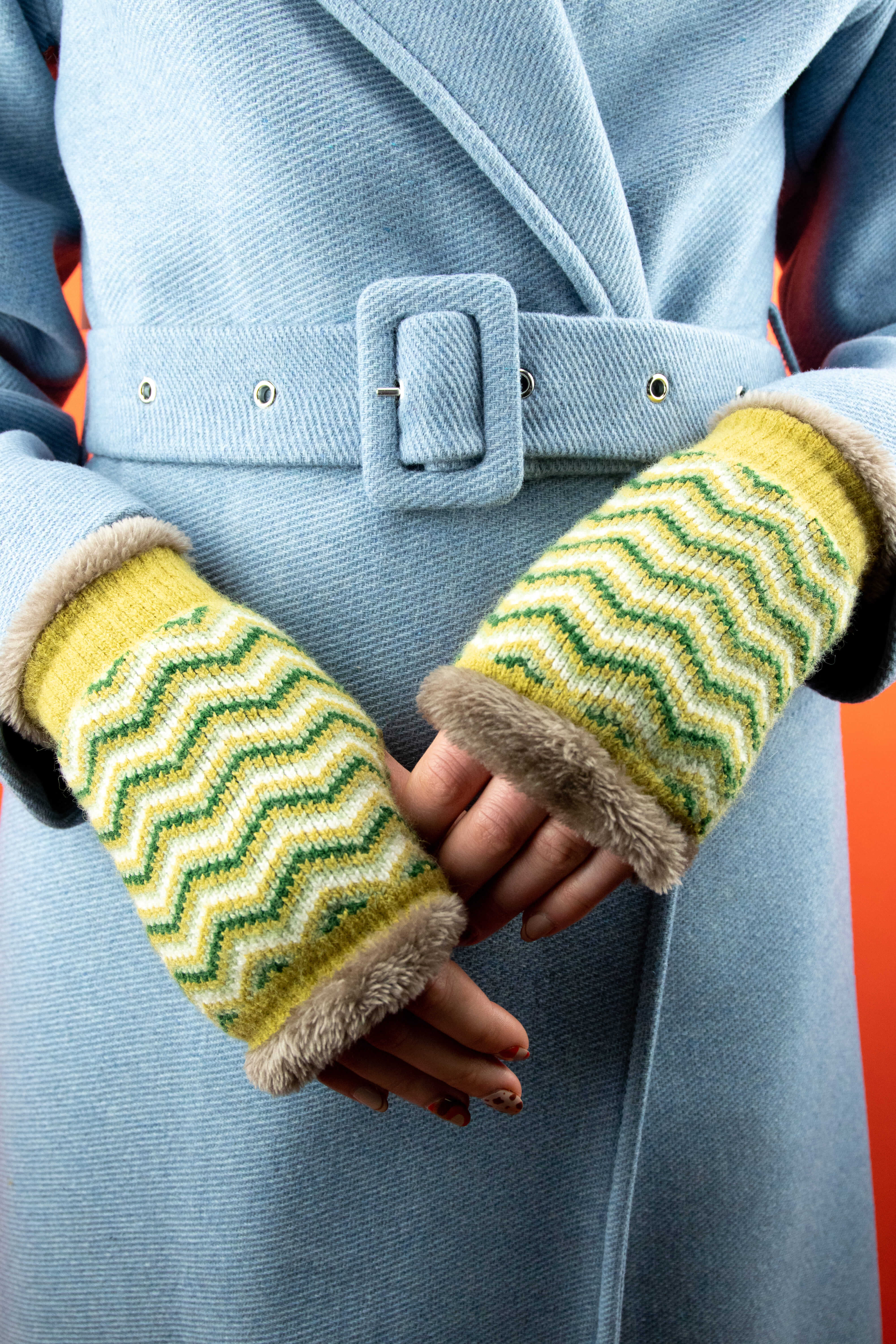 Ladies Wrist Warmers - Mustard Zig Zag