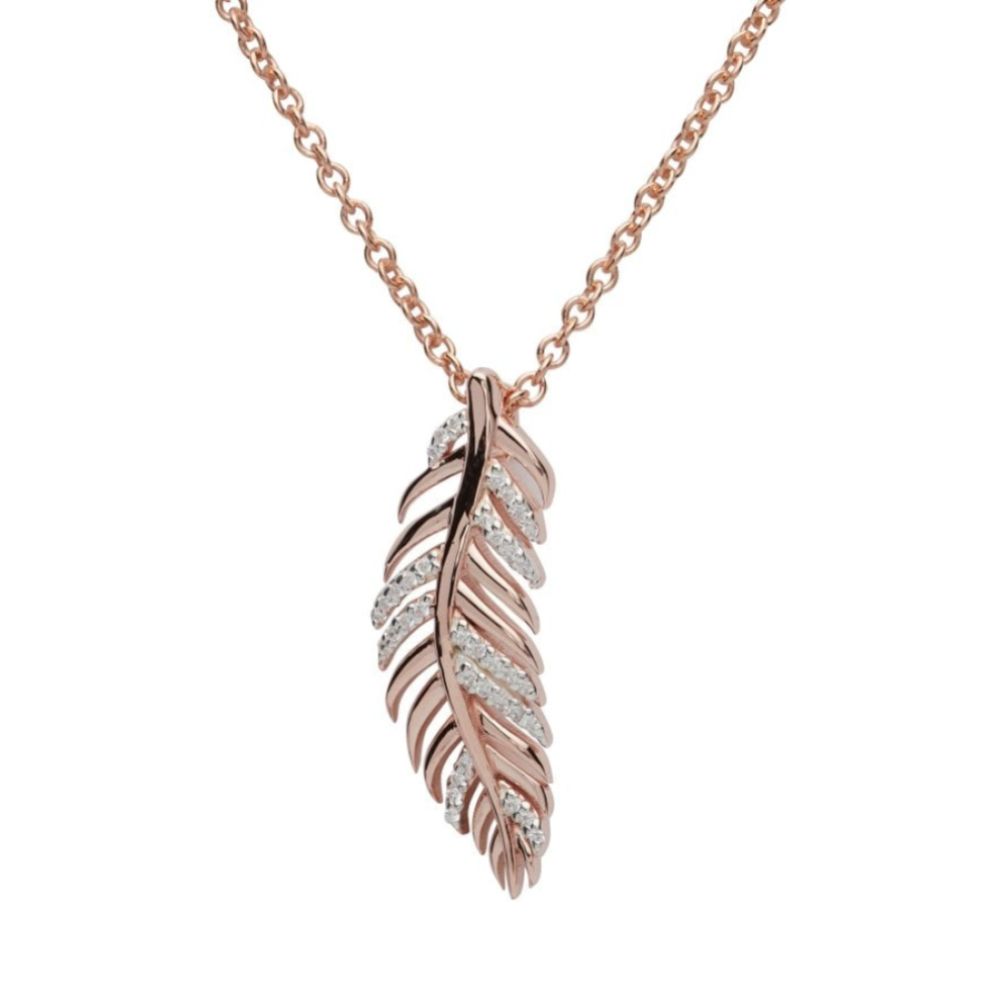 Sterling Silver 925 Feather Pendant with Rose Gold Plating and CZ