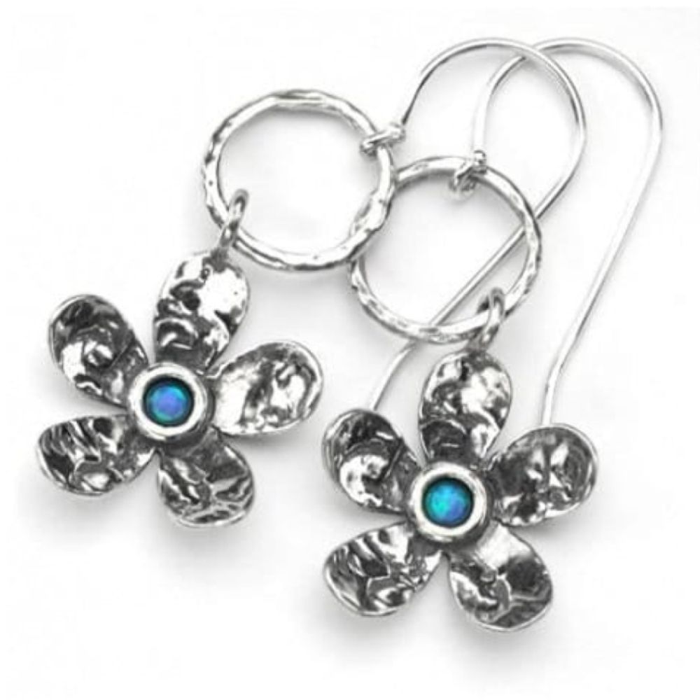Handmade Sterling Silver Daisy Drop Earrings With Opal