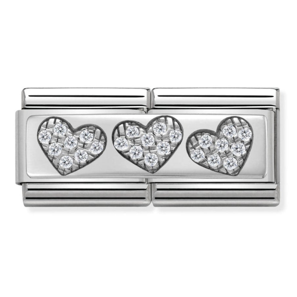 Classic Double Silver CZ 3 Hearts Link