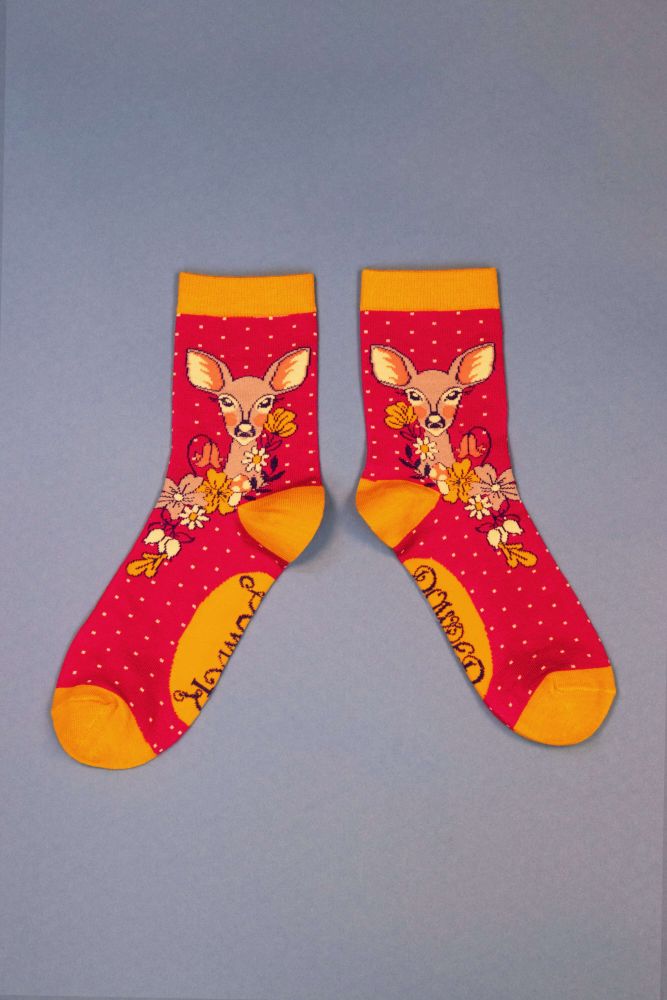 Floral Deer Ankle Socks- Fuchsia