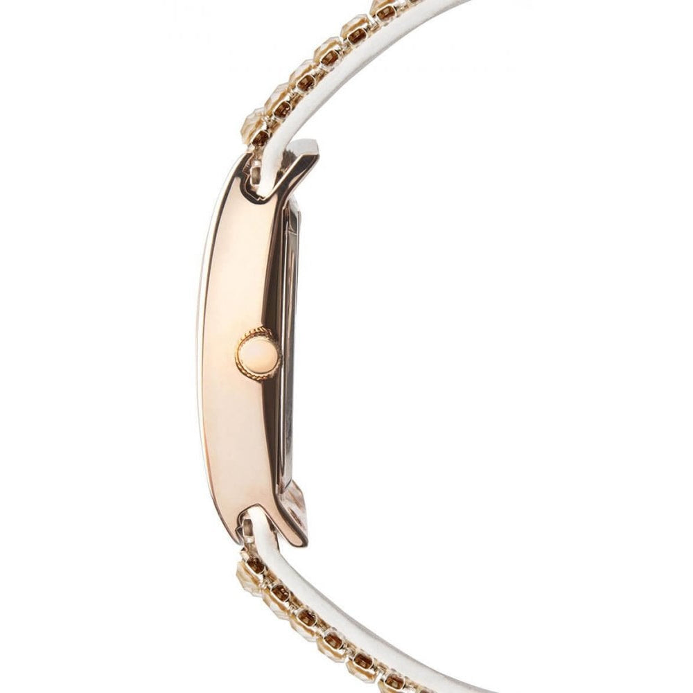 Shimmer Rose Gold Plated Case With Rose Dial & Beige Leather Strap With Metallic Rose Gold Crystals Ladies Watch