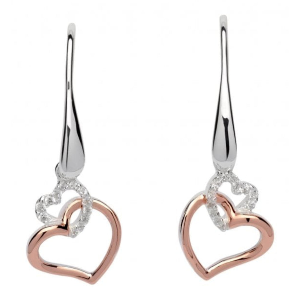 Sterling Silver 925 Earrings With Rose Gold Plating And CZ Double Heart