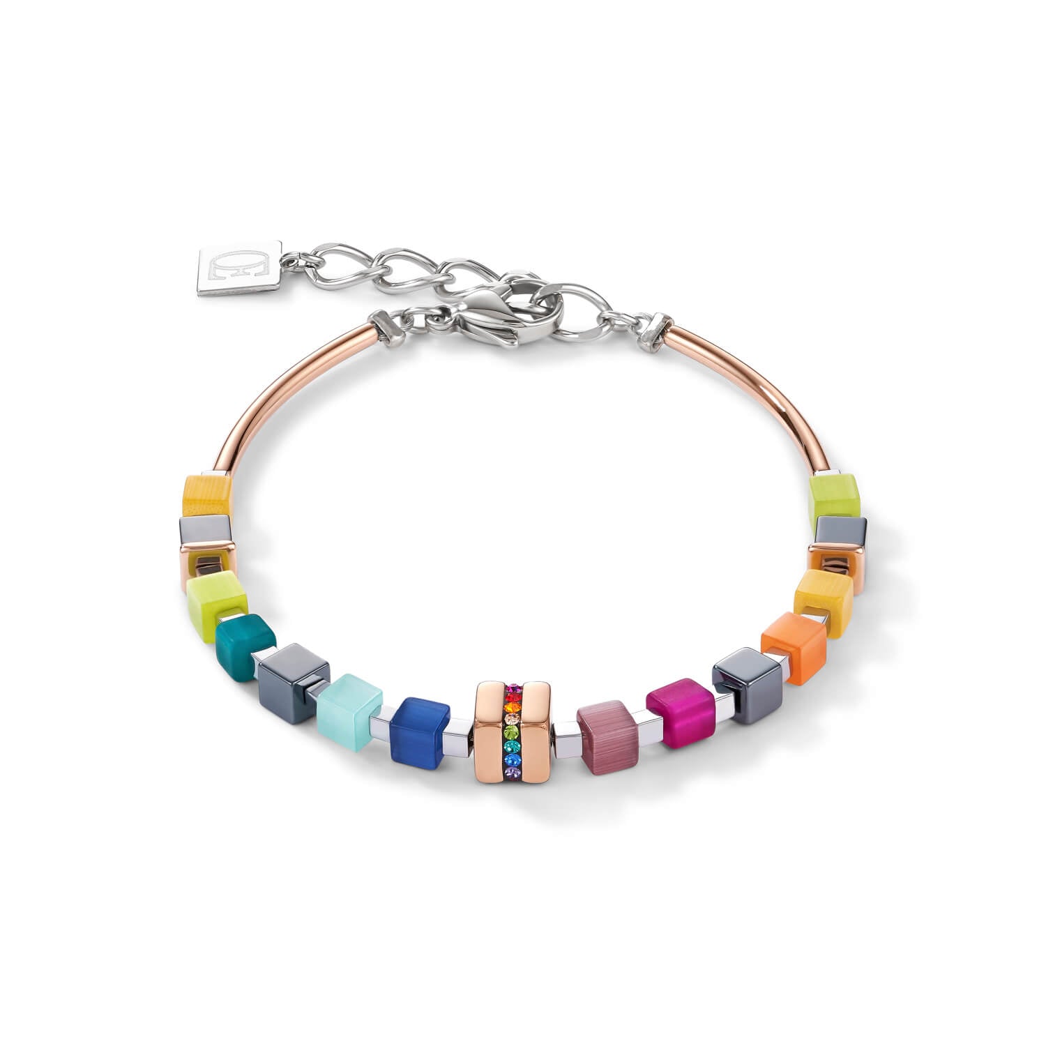 Stainless Steel Rose Gold & Crystals Pave Multicolour Geo Cube Bracelet
