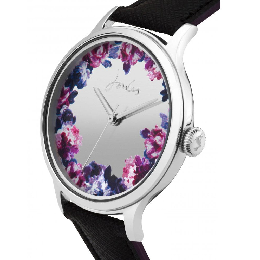 Black Saffiano Leather Strap Mirror Dial Floral Print Ladies Watch