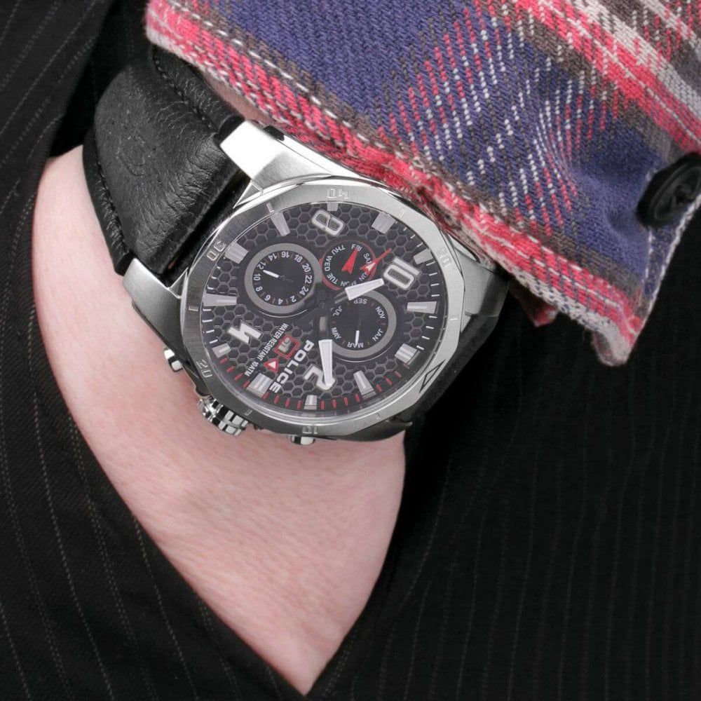 Stainless Steel Black Dial & Black Leather Strap CLUSTER Chronograph Gents Watch