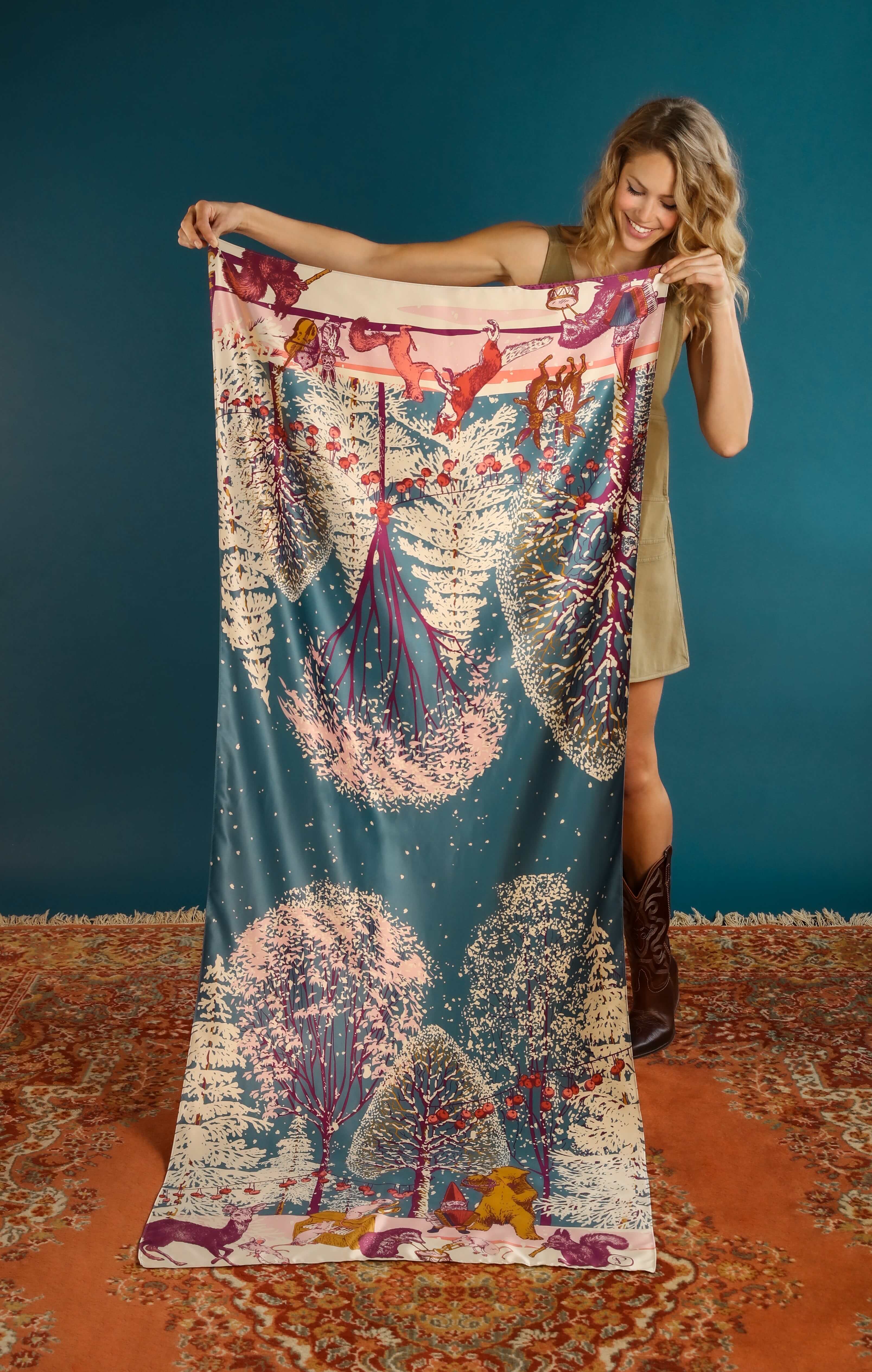 Forest Party Long Satin Print Scarf