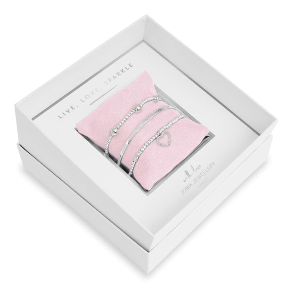 Occasion Gift Box - Live Love Sparkle - x3 Stacking Bracelets - Silver - 17.5cm Adjustable