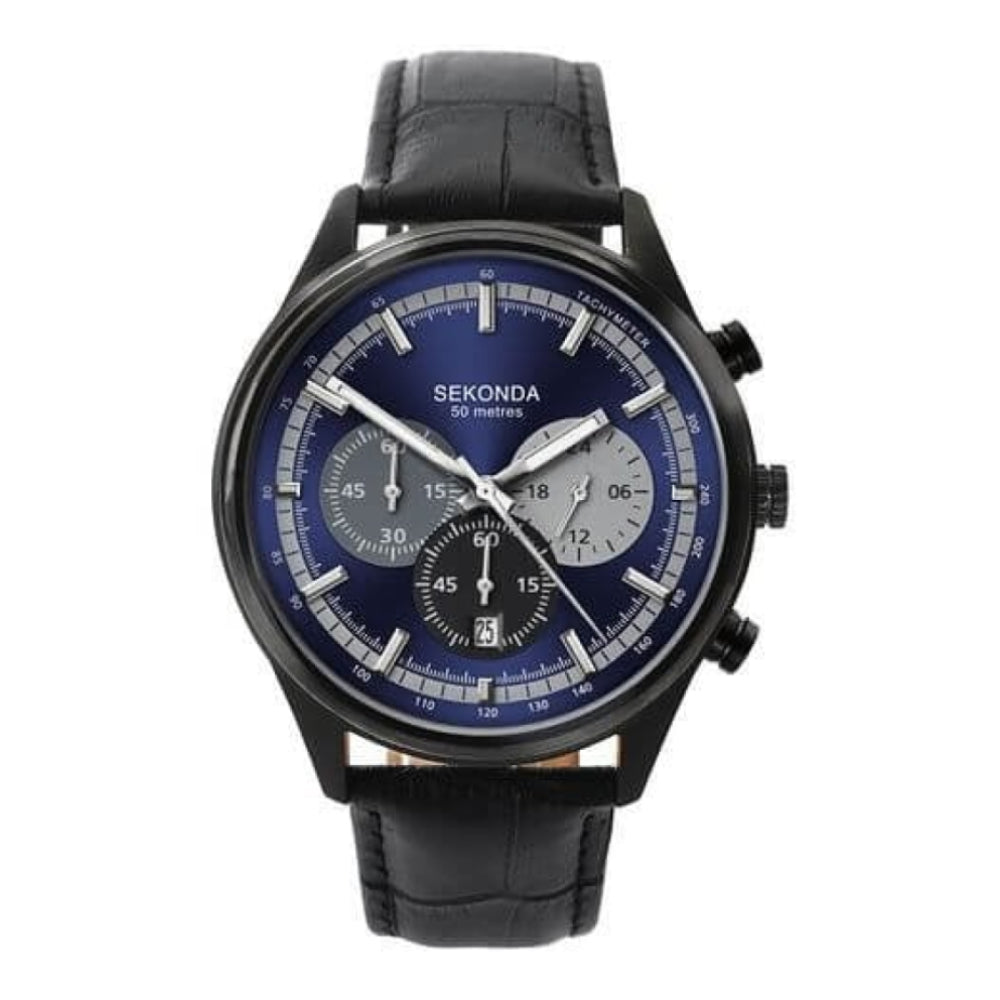 Stainless Steel Blue Dial & Black Leather Strap Gents Chronograph Watch