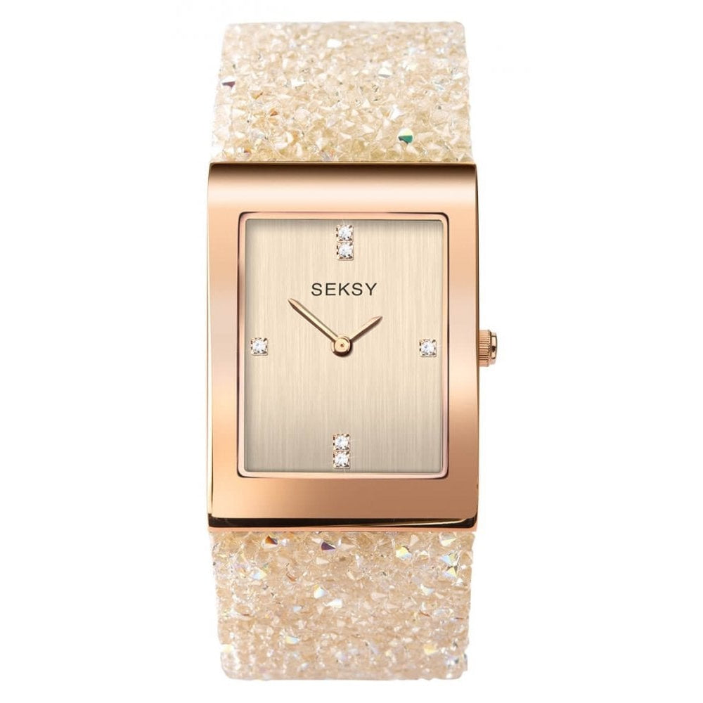 Rose Gold Plated Rectangular Case With Silver Dial & White Leather Strap With Crystals Ladies Watch