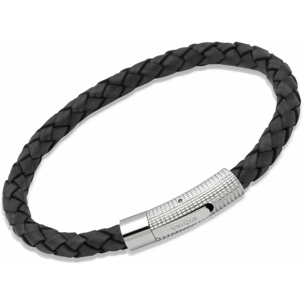Antique Black Leather Bracelet with Textured Stainless Steel Clasp