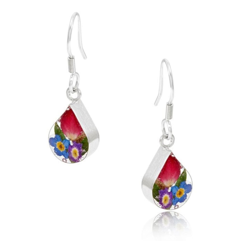 Silver Drop Earrings - Mixed Flowers - xs Teardrop