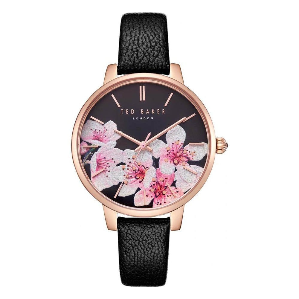 Rose Gold Tone Case & Black Dial With Black Leather Strap Ladies Watch