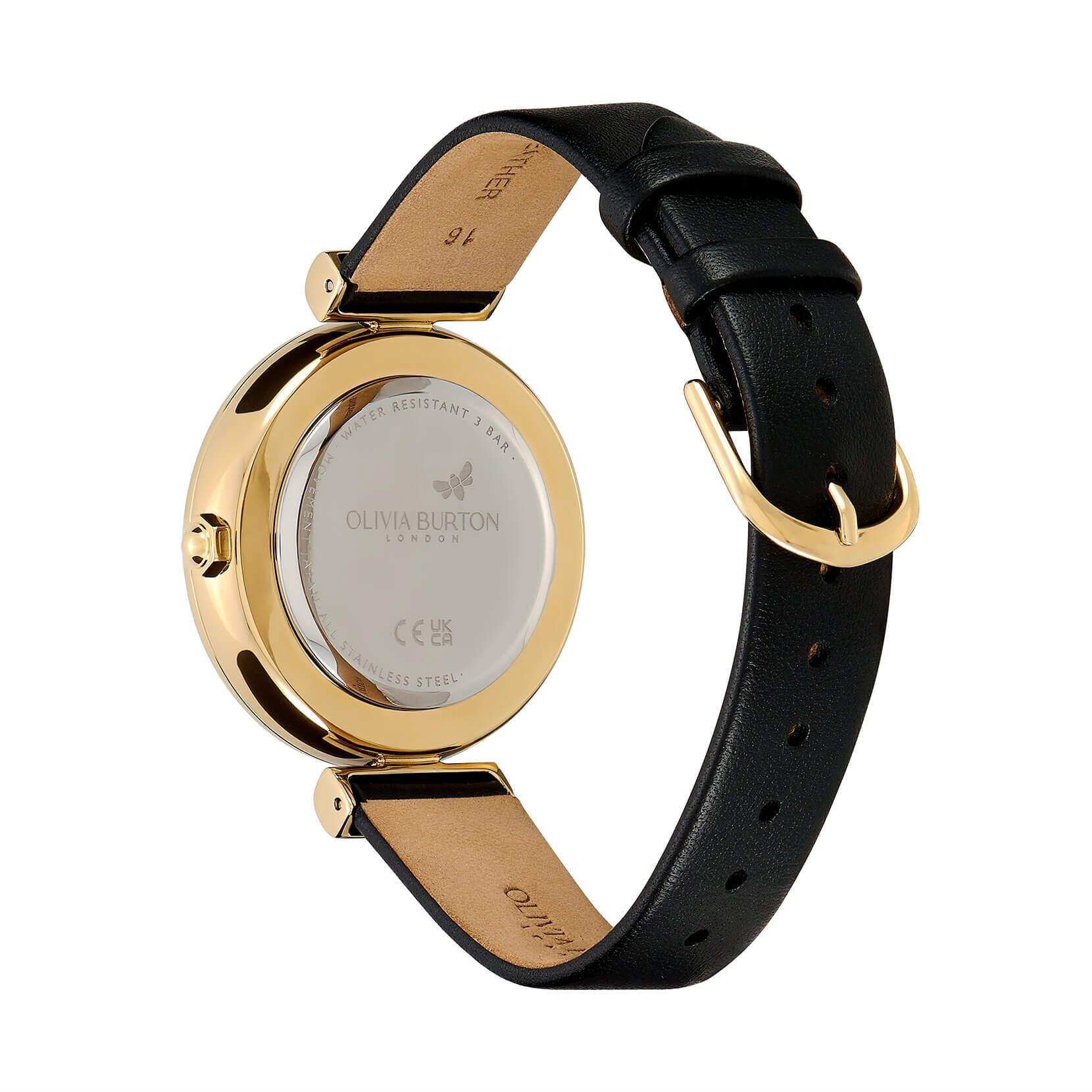 Minima Bee T-Bar Gold & Black Leather Strap Watch