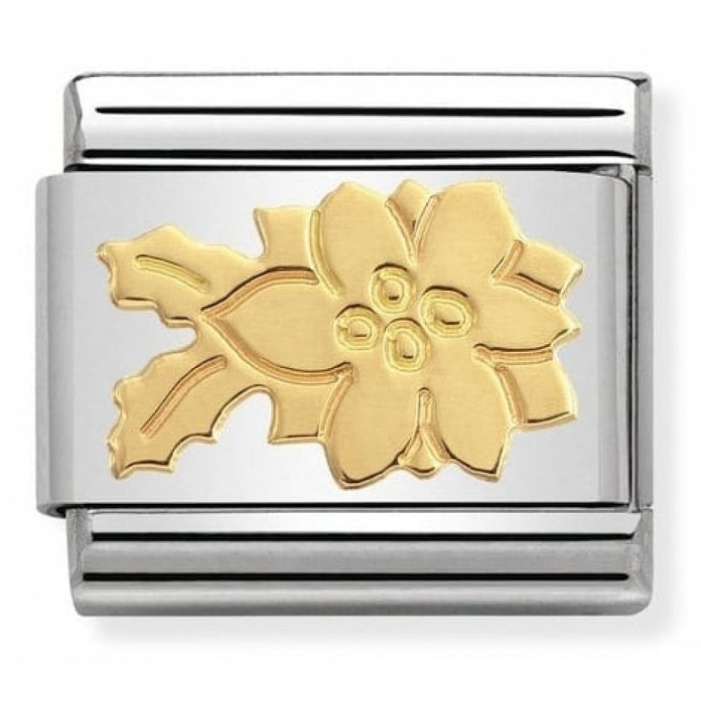 Classic Poinsettia Flower In Stainless Steel With 18k Gold Charm