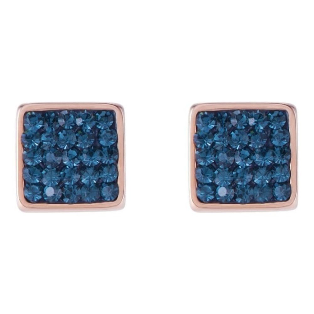 Rose Gold Plated Square Earrings with Stickpin & Blue Swarovski Crystals