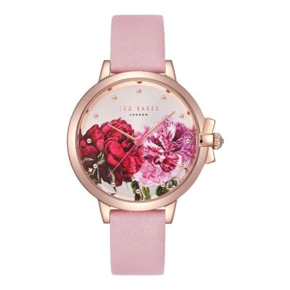 Rose Gold Case With Floral Design Dial & Pink Leather Strap Ladies Watch