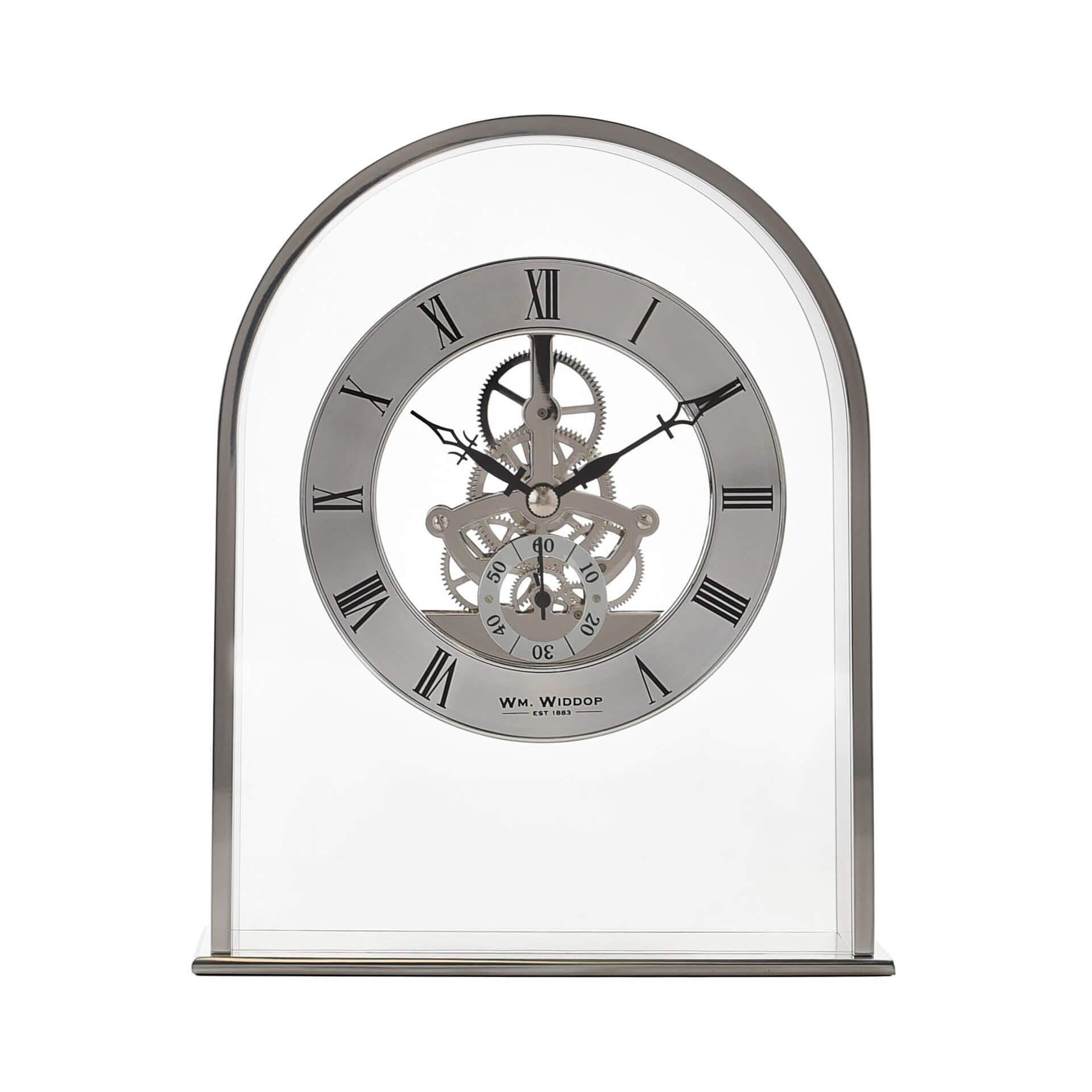 Silver Arch Mantel Clock Skeleton Dial Roman