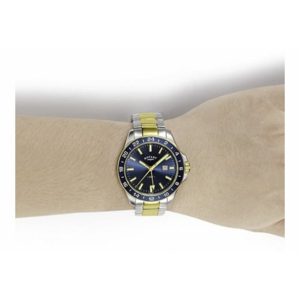 Two Tone Gold Plated, Blue Dial & GMT Gents Bracelet Wristwatch
