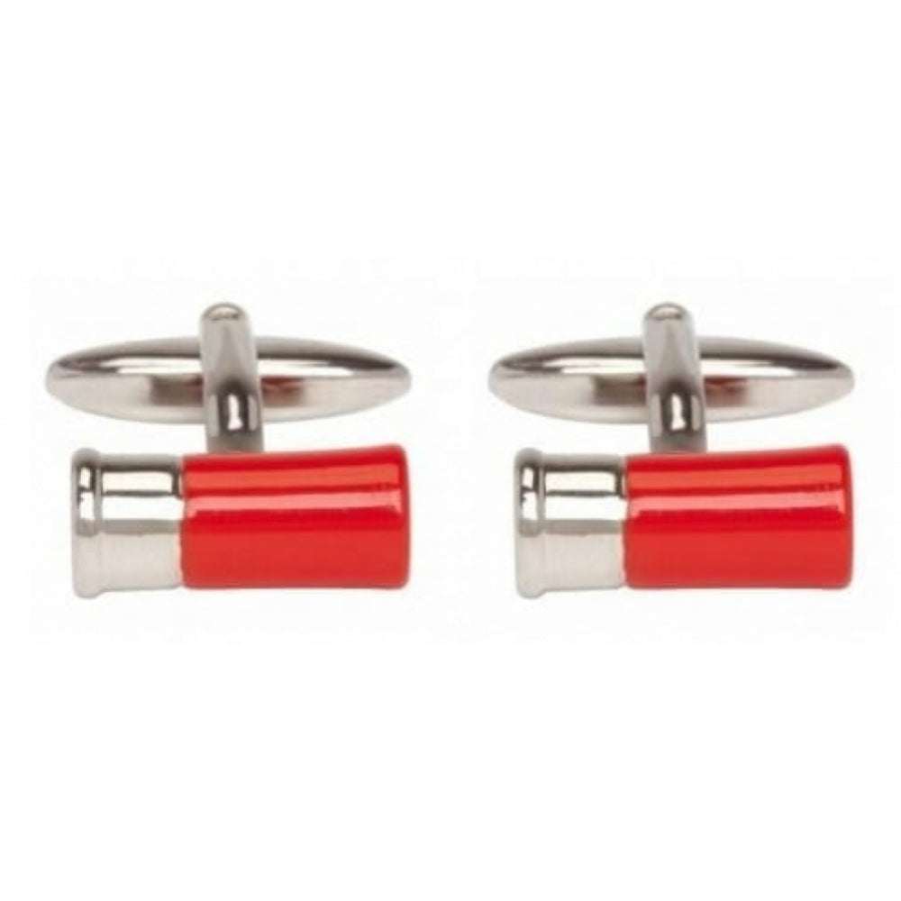 Rhodium Plated Gun Cartridge Red Cufflinks