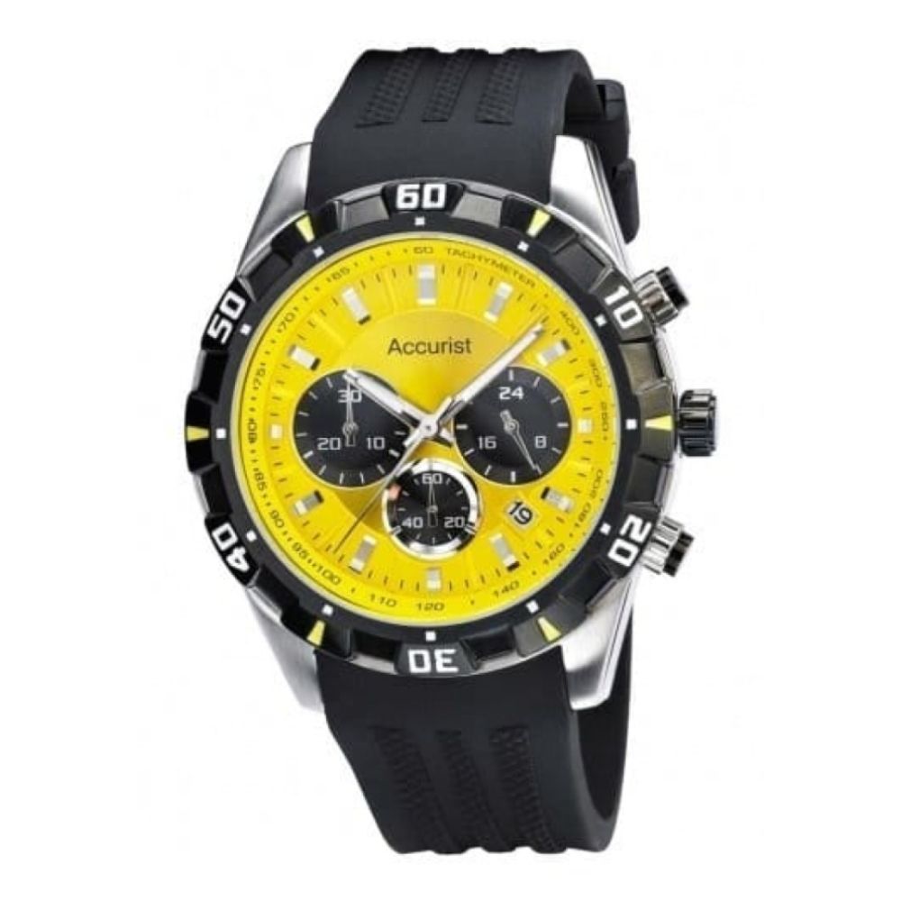 Black Silicone Gents Yellow Chronograph Watch