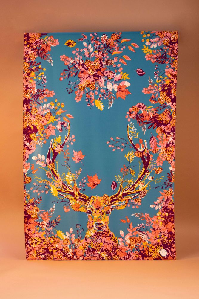 Woodland Stag Long Satin Print Scarf- Teal Mix
