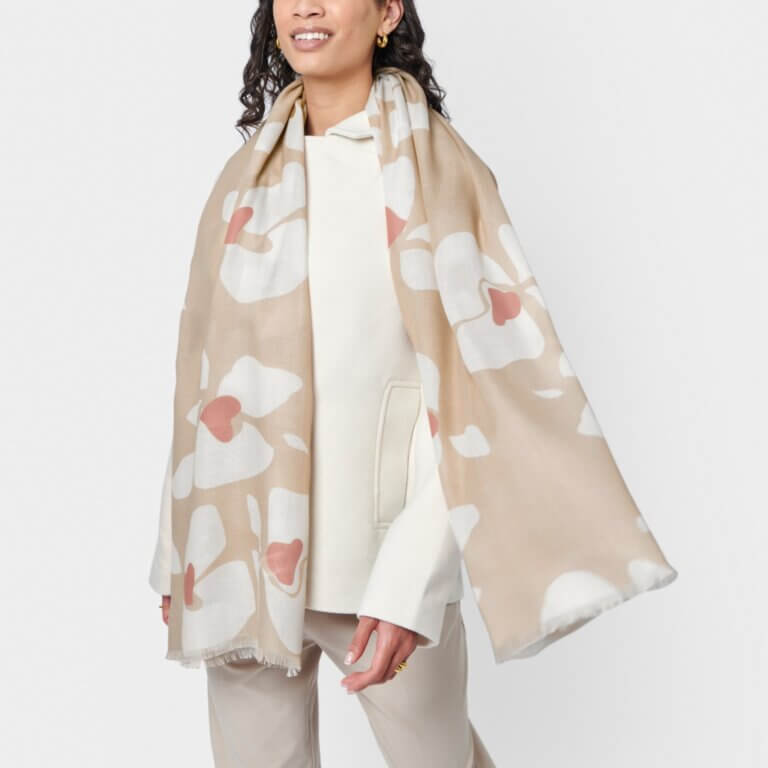 Large Floral Printed Scarf In Nude Pink, Off White & Dusty Rose