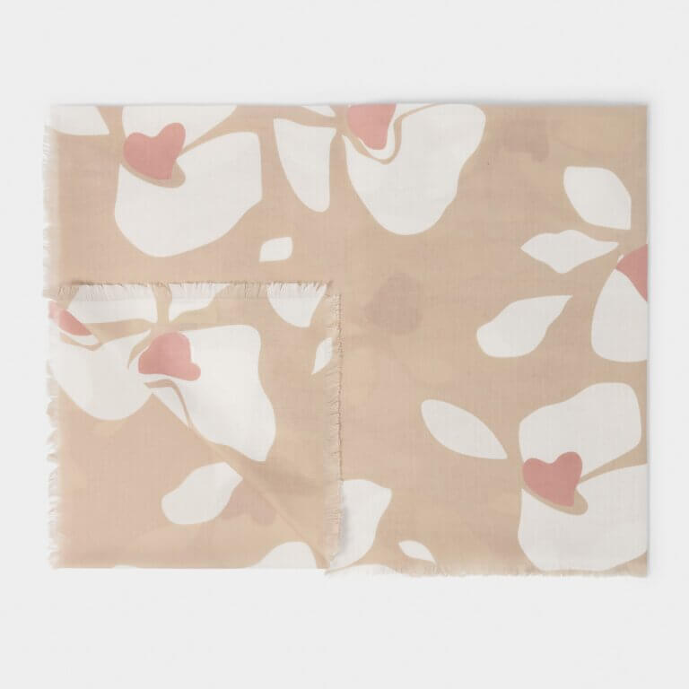 Large Floral Printed Scarf In Nude Pink, Off White & Dusty Rose