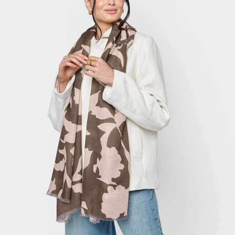 Abstract Floral Printed Scarf In Chocolate & Nude Pink